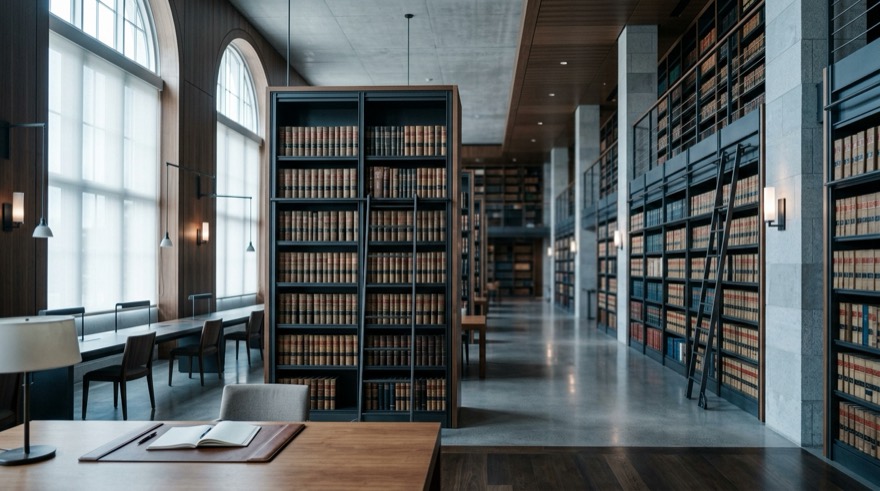 A law library reading room, bound reports shelved the length of the hall