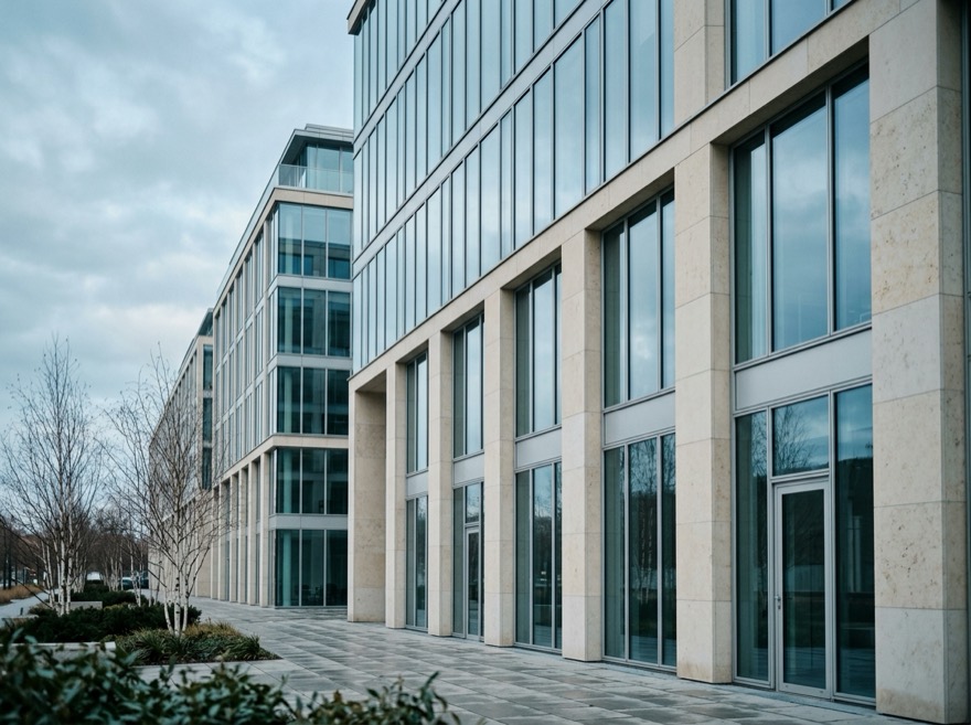 Street-level view of a modern European office building on an overcast morning