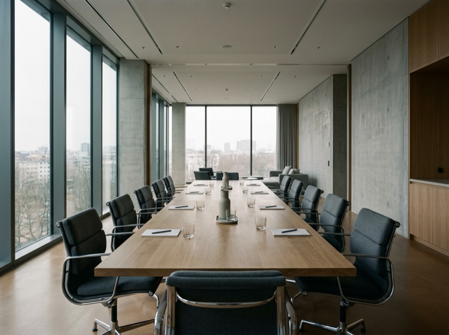 An empty boardroom with notepads set at each place, city skyline beyond the glass