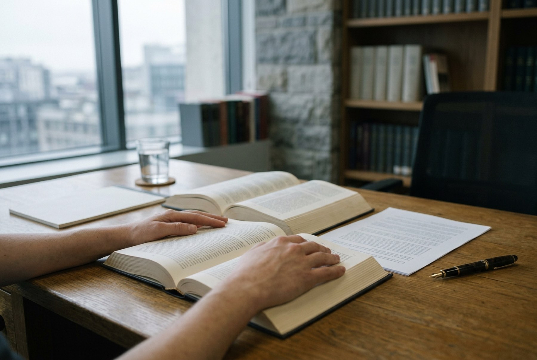 A specialist's hands resting across an open legal volume and a printed document