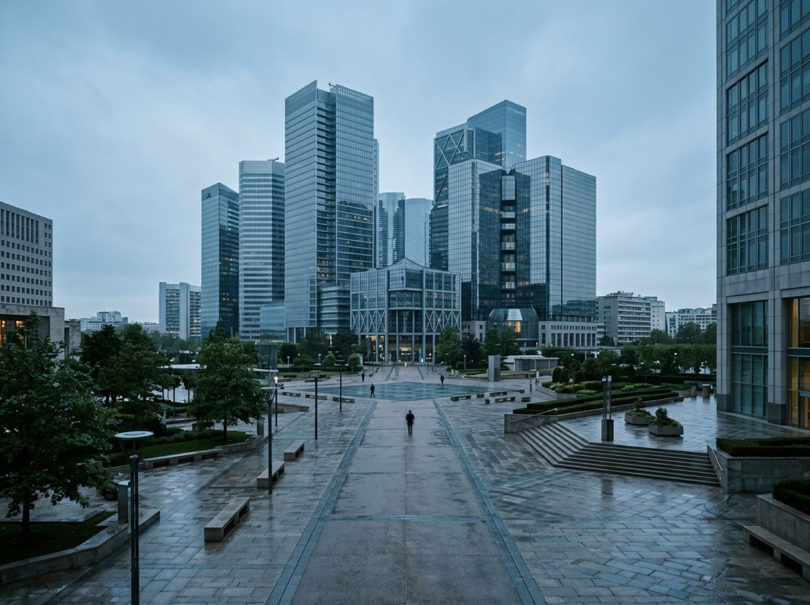 A single figure crossing an empty business district at dawn